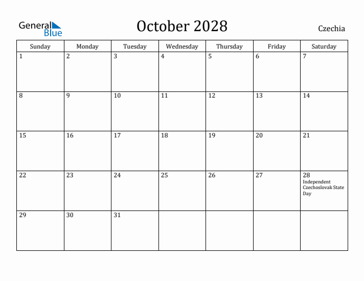 October 2028 Calendar Czechia