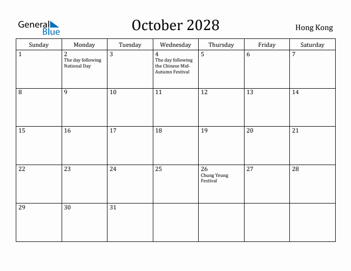 October 2028 Calendar Hong Kong