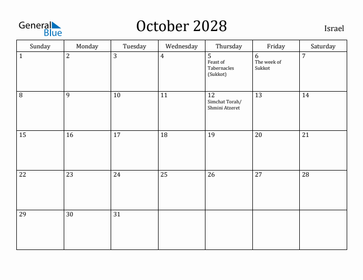 October 2028 Calendar Israel