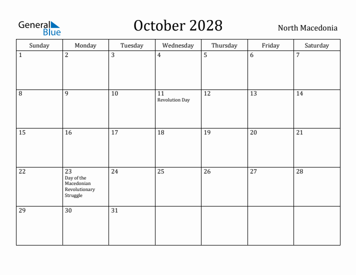 October 2028 Calendar North Macedonia