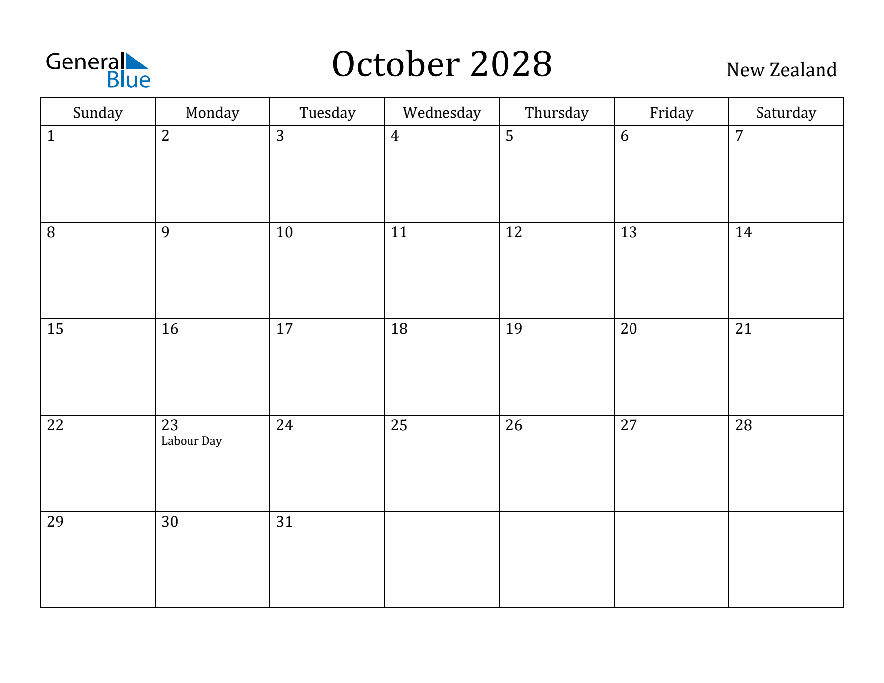 October 2028 Calendar New Zealand