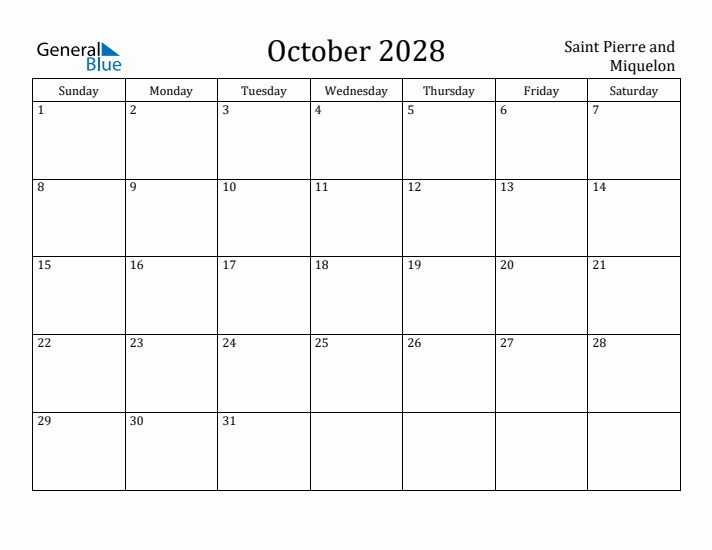 October 2028 Calendar Saint Pierre and Miquelon