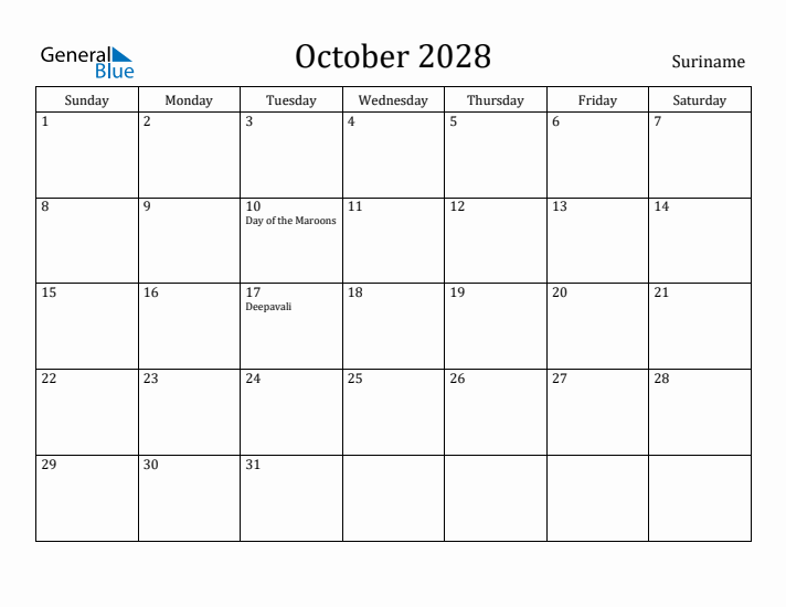 October 2028 Calendar Suriname