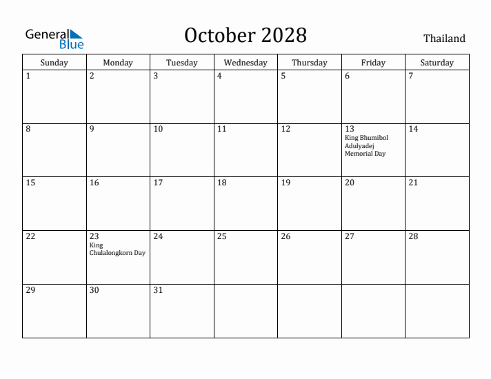 October 2028 Calendar Thailand