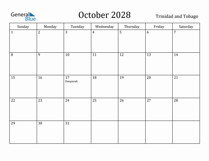 October 2028 Calendar Trinidad and Tobago