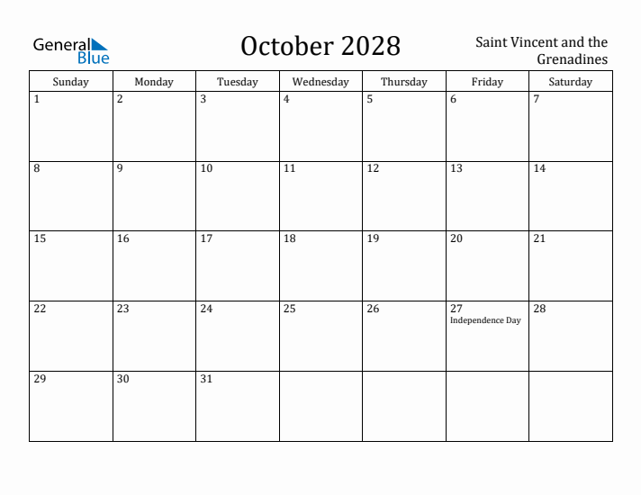 October 2028 Calendar Saint Vincent and the Grenadines