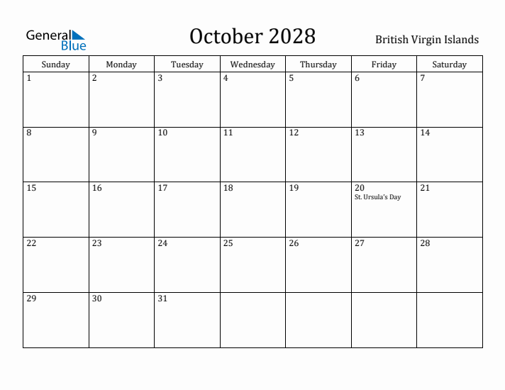 October 2028 Calendar British Virgin Islands