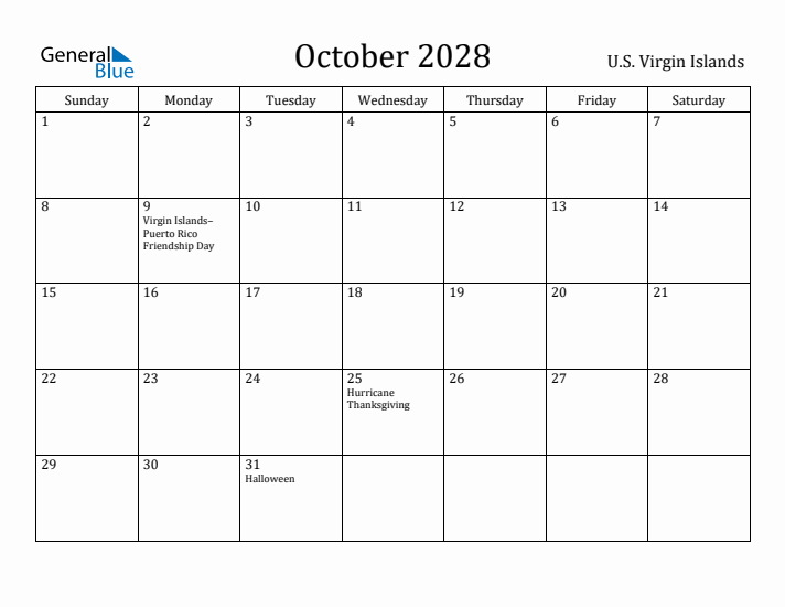 October 2028 Calendar U.S. Virgin Islands