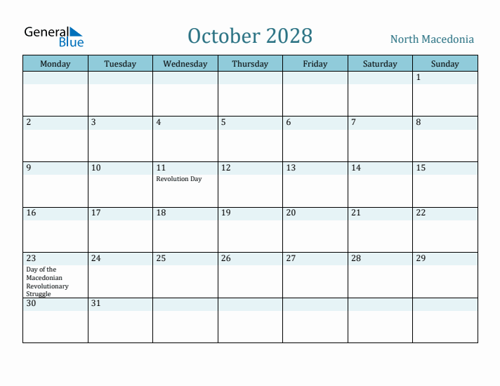 October 2028 Calendar with Holidays