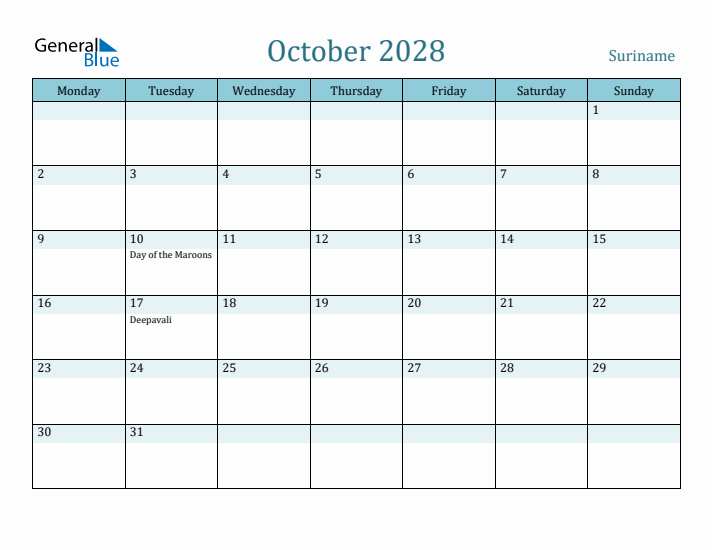 October 2028 Calendar with Holidays