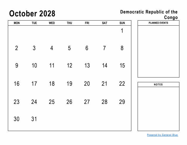 October 2028 Printable Monthly Calendar with Democratic Republic of the Congo Holidays