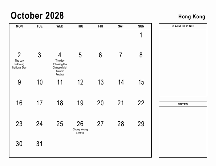 October 2028 Printable Monthly Calendar with Hong Kong Holidays