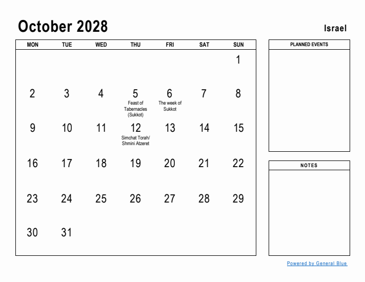 October 2028 Printable Monthly Calendar with Israel Holidays