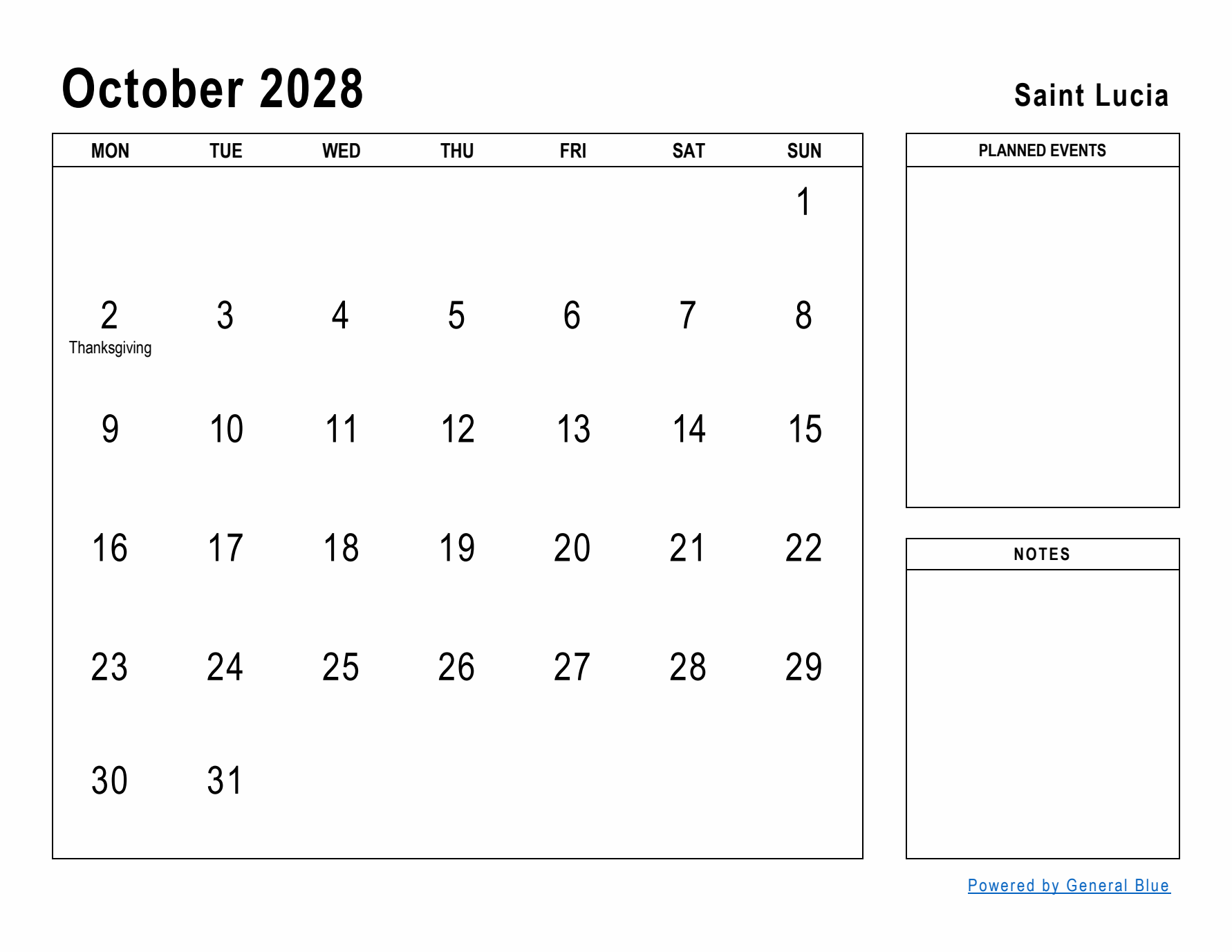 October 2028 Printable Monthly Calendar with Saint Lucia Holidays
