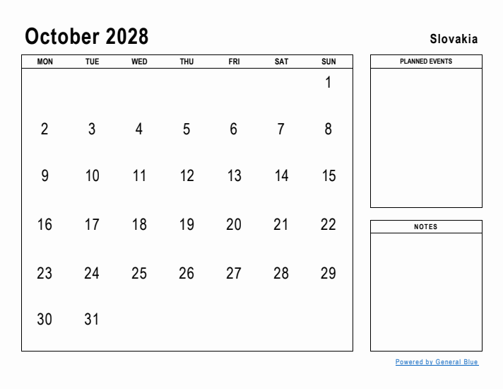 October 2028 Printable Monthly Calendar with Slovakia Holidays