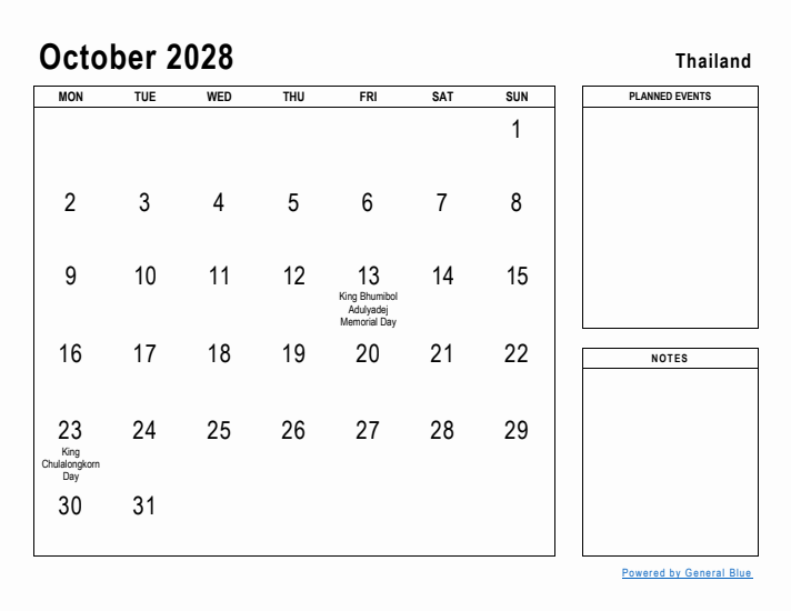 October 2028 Printable Monthly Calendar with Thailand Holidays