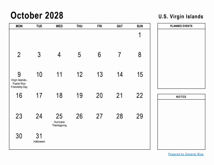 October 2028 Printable Monthly Calendar with U.S. Virgin Islands Holidays