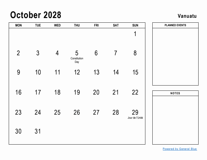 October 2028 Printable Monthly Calendar with Vanuatu Holidays
