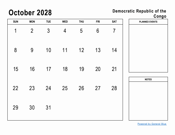 October 2028 Printable Monthly Calendar with Democratic Republic of the Congo Holidays