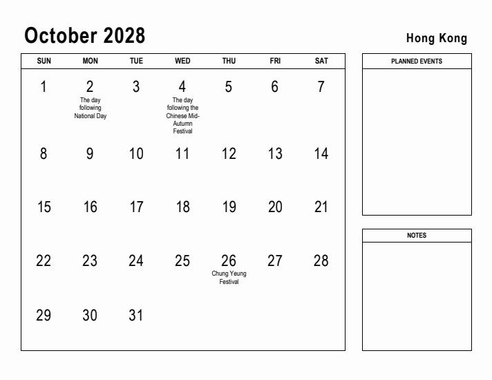 October 2028 Printable Monthly Calendar with Hong Kong Holidays