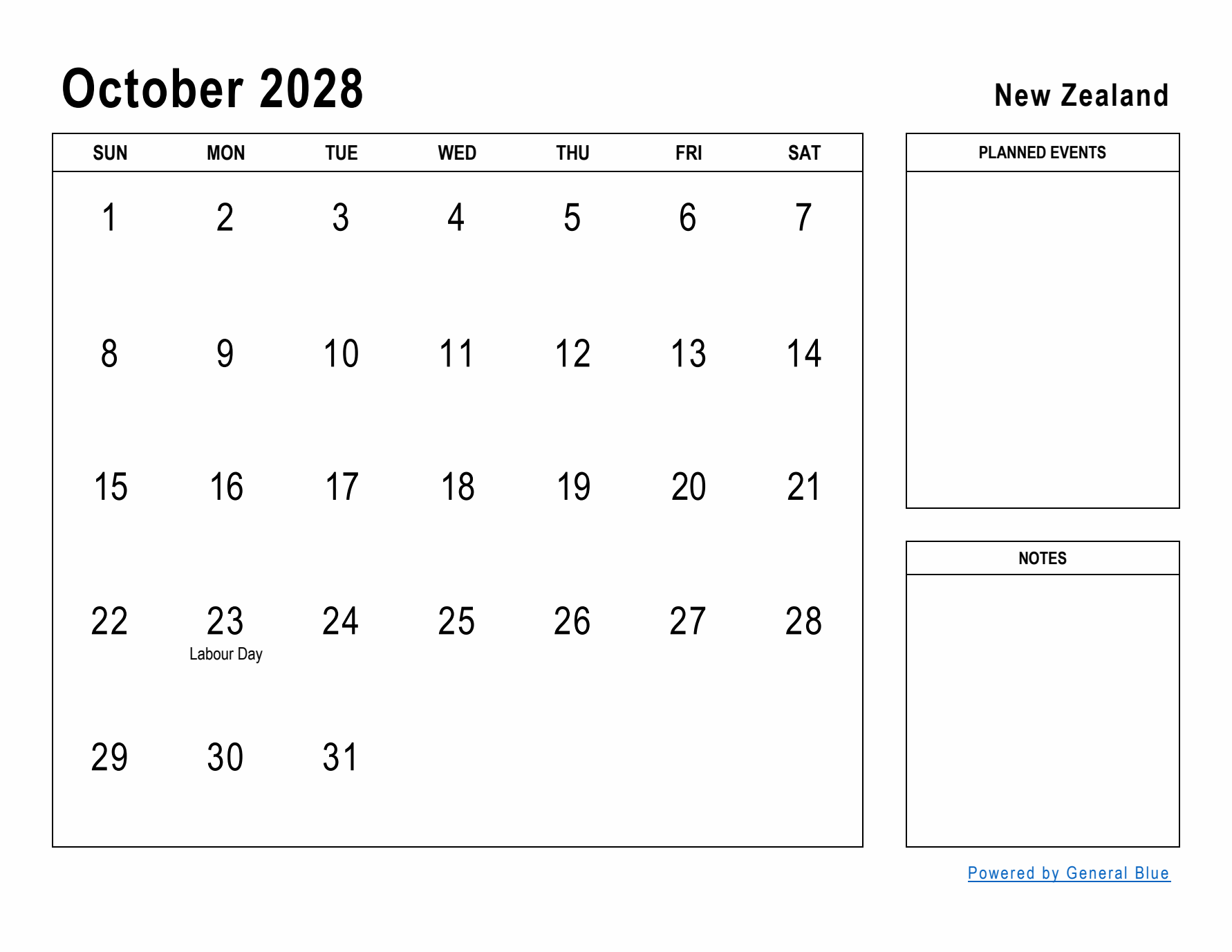October 2028 Printable Monthly Calendar with New Zealand Holidays