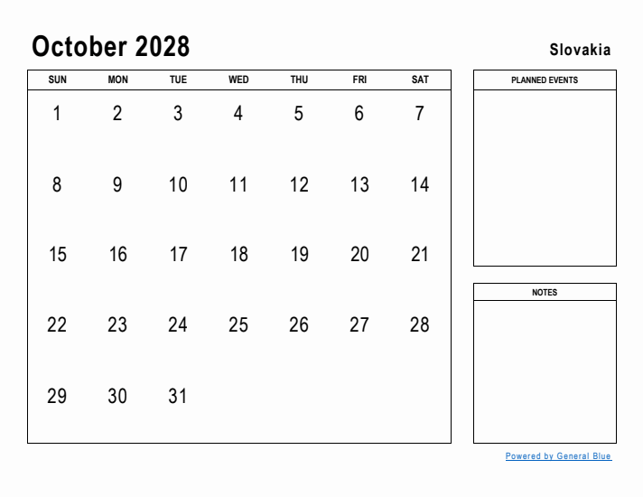 October 2028 Printable Monthly Calendar with Slovakia Holidays