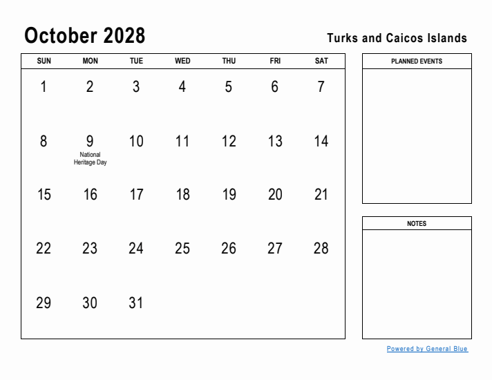 October 2028 Printable Monthly Calendar with Turks and Caicos Islands Holidays