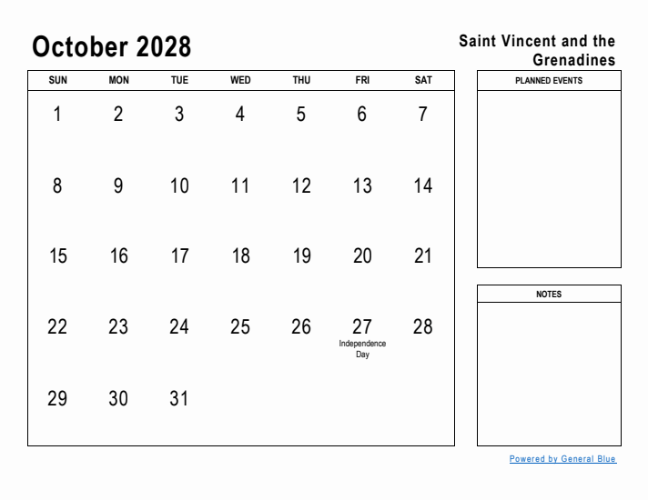 October 2028 Printable Monthly Calendar with Saint Vincent and the Grenadines Holidays