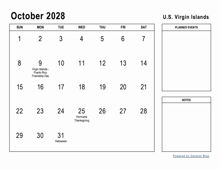 October 2028 Printable Monthly Calendar with U.S. Virgin Islands Holidays