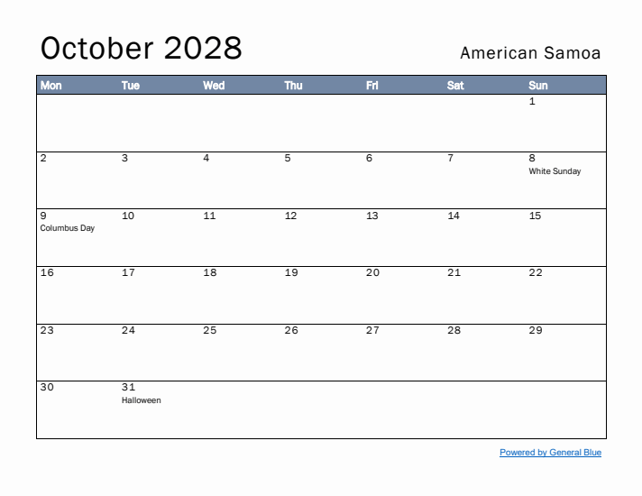 October 2028 Simple Monthly Calendar for American Samoa