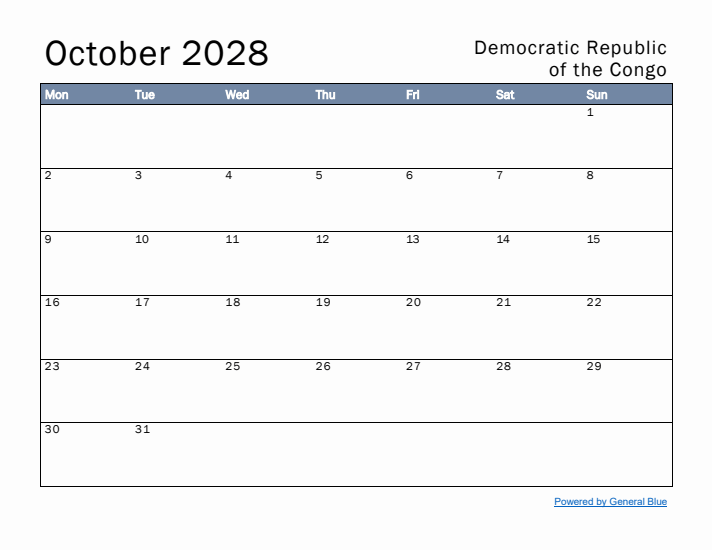 October 2028 Simple Monthly Calendar for Democratic Republic of the Congo
