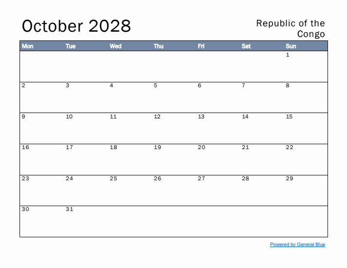 October 2028 Simple Monthly Calendar for Republic of the Congo