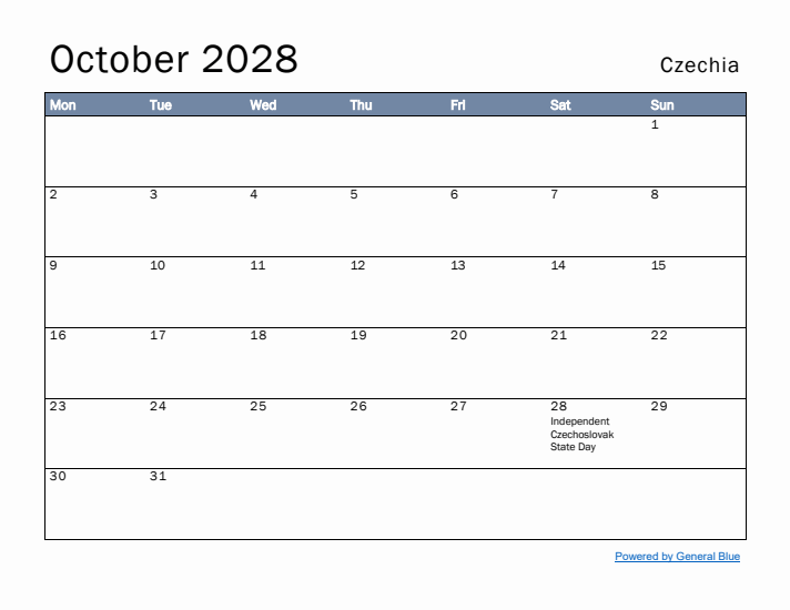 October 2028 Simple Monthly Calendar for Czechia