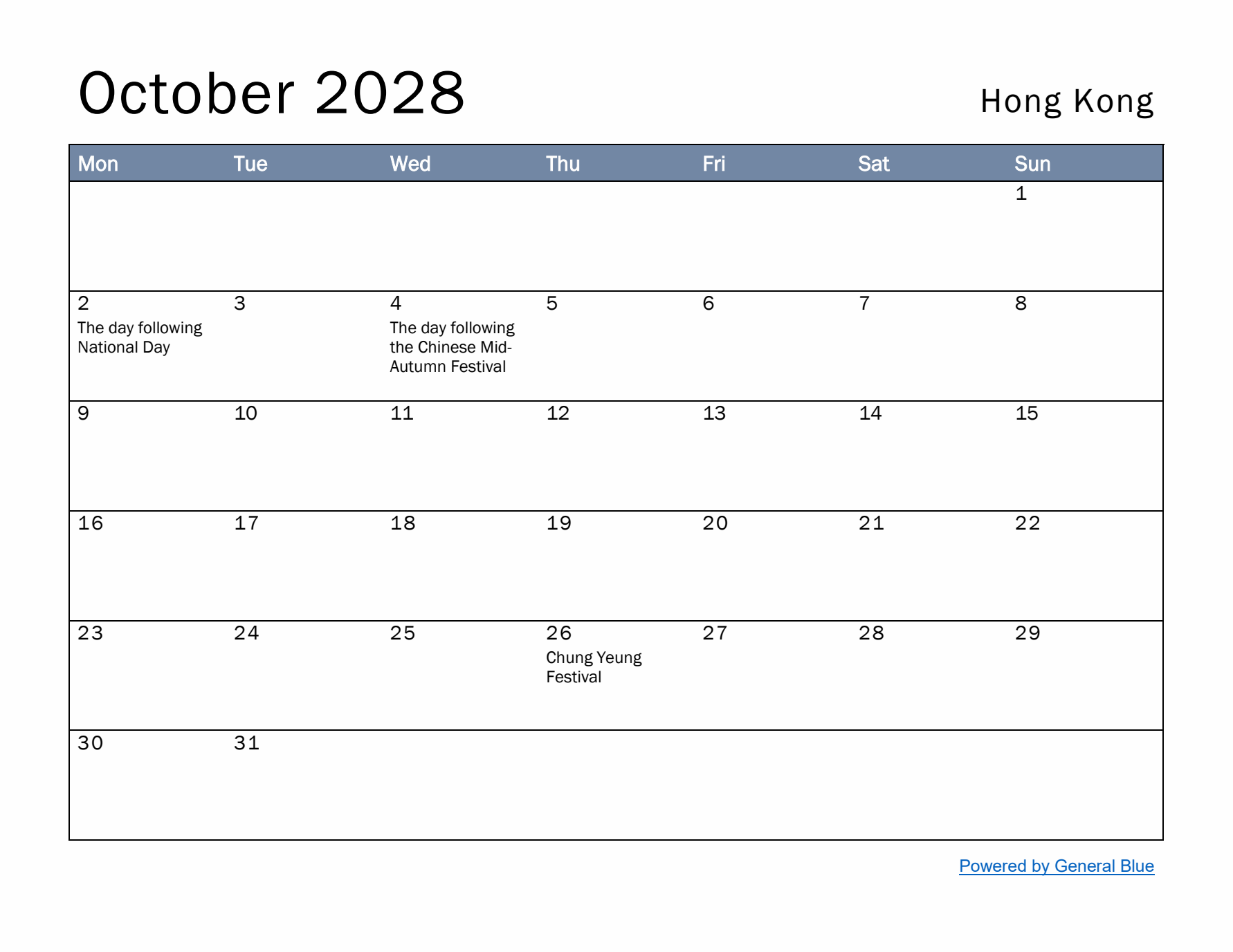October 2028 Simple Monthly Calendar for Hong Kong