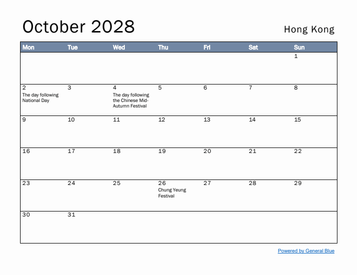 October 2028 Simple Monthly Calendar for Hong Kong