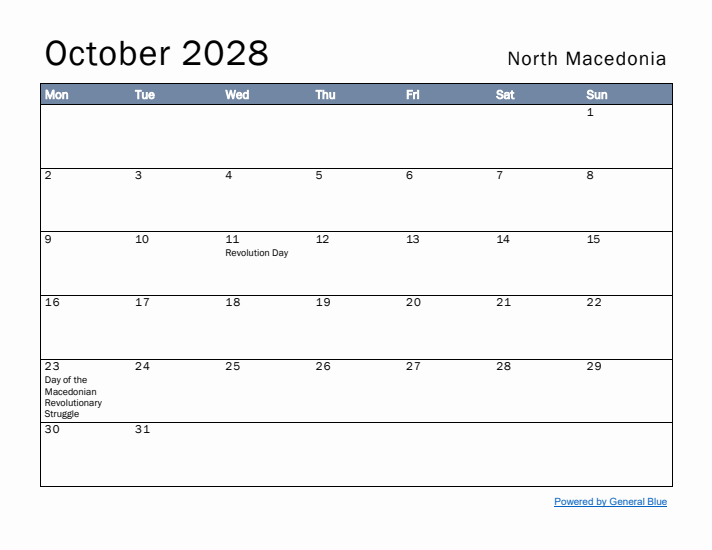October 2028 Simple Monthly Calendar for North Macedonia