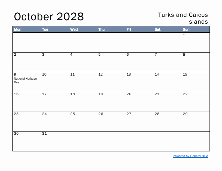 October 2028 Simple Monthly Calendar for Turks and Caicos Islands