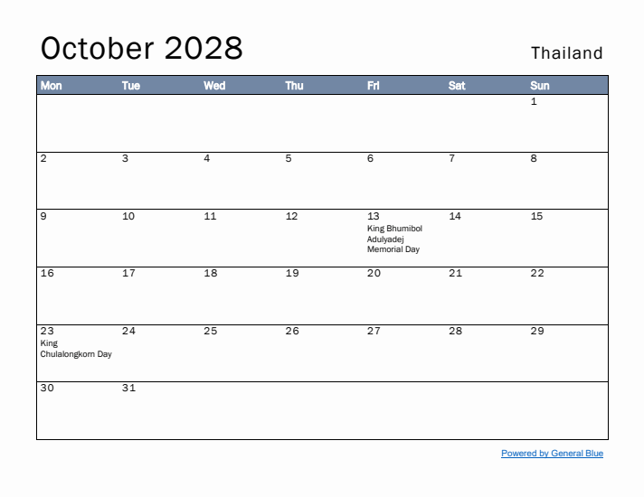 October 2028 Simple Monthly Calendar for Thailand