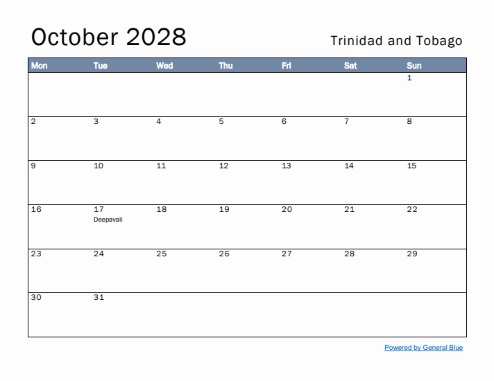October 2028 Simple Monthly Calendar for Trinidad and Tobago