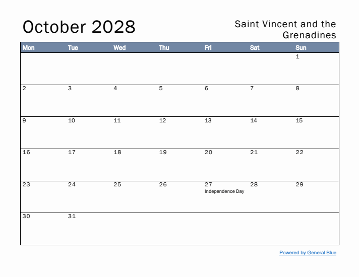 October 2028 Simple Monthly Calendar for Saint Vincent and the Grenadines
