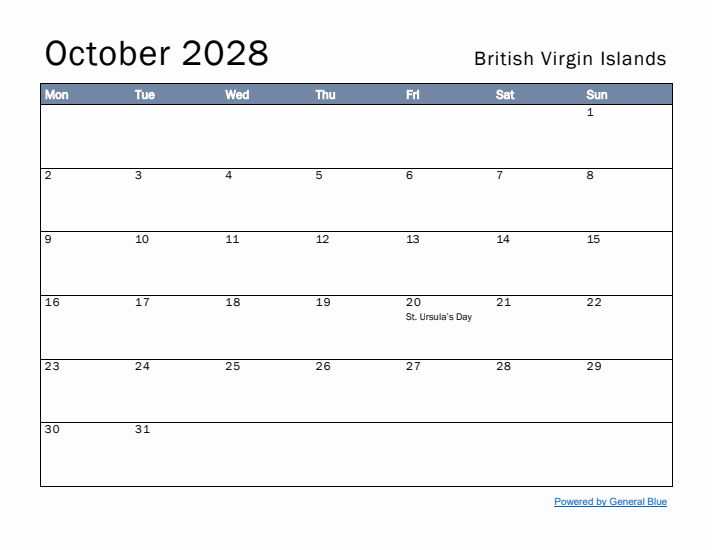 October 2028 Simple Monthly Calendar for British Virgin Islands