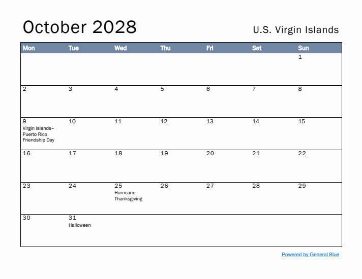 October 2028 Simple Monthly Calendar for U.S. Virgin Islands