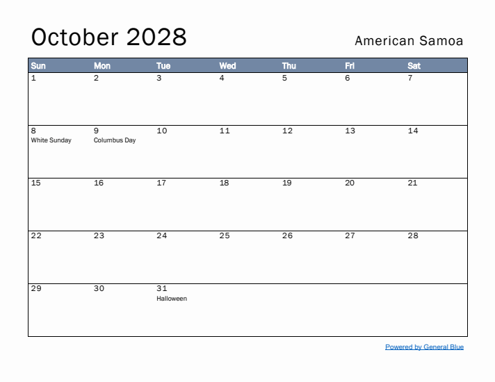 October 2028 Simple Monthly Calendar for American Samoa