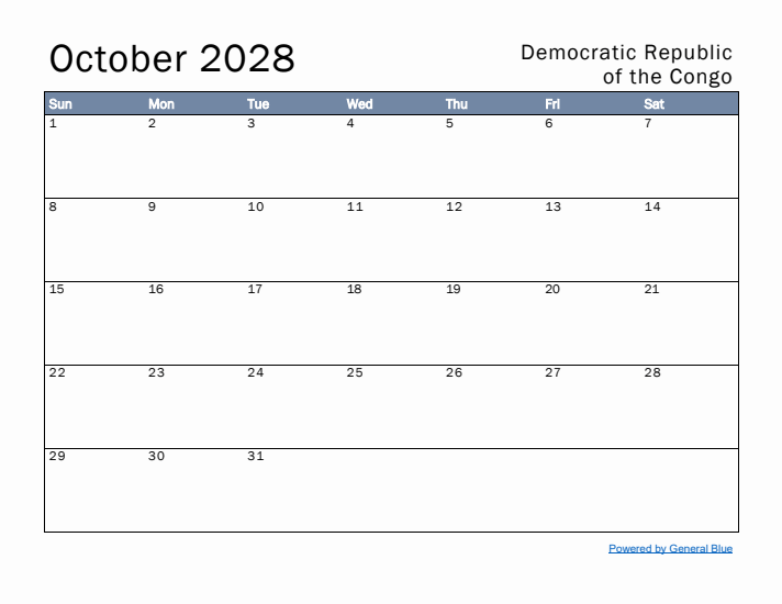 October 2028 Simple Monthly Calendar for Democratic Republic of the Congo
