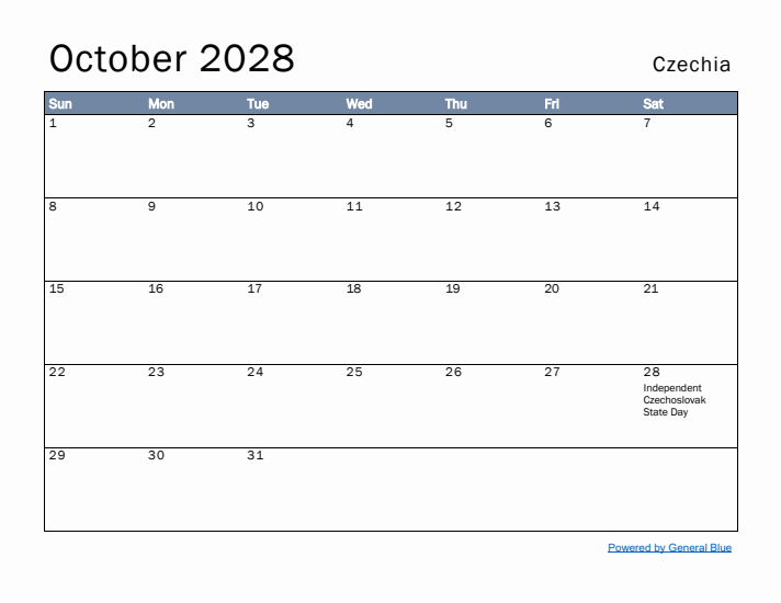 October 2028 Simple Monthly Calendar for Czechia