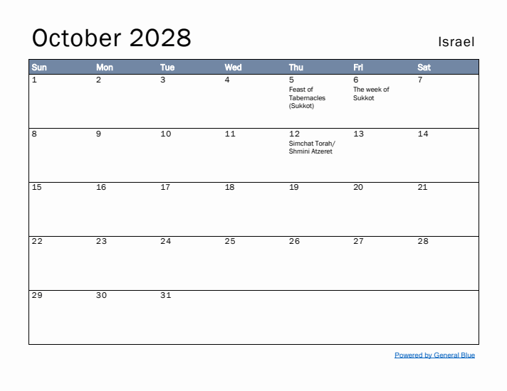 October 2028 Simple Monthly Calendar for Israel