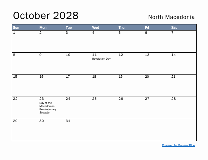 October 2028 Simple Monthly Calendar for North Macedonia