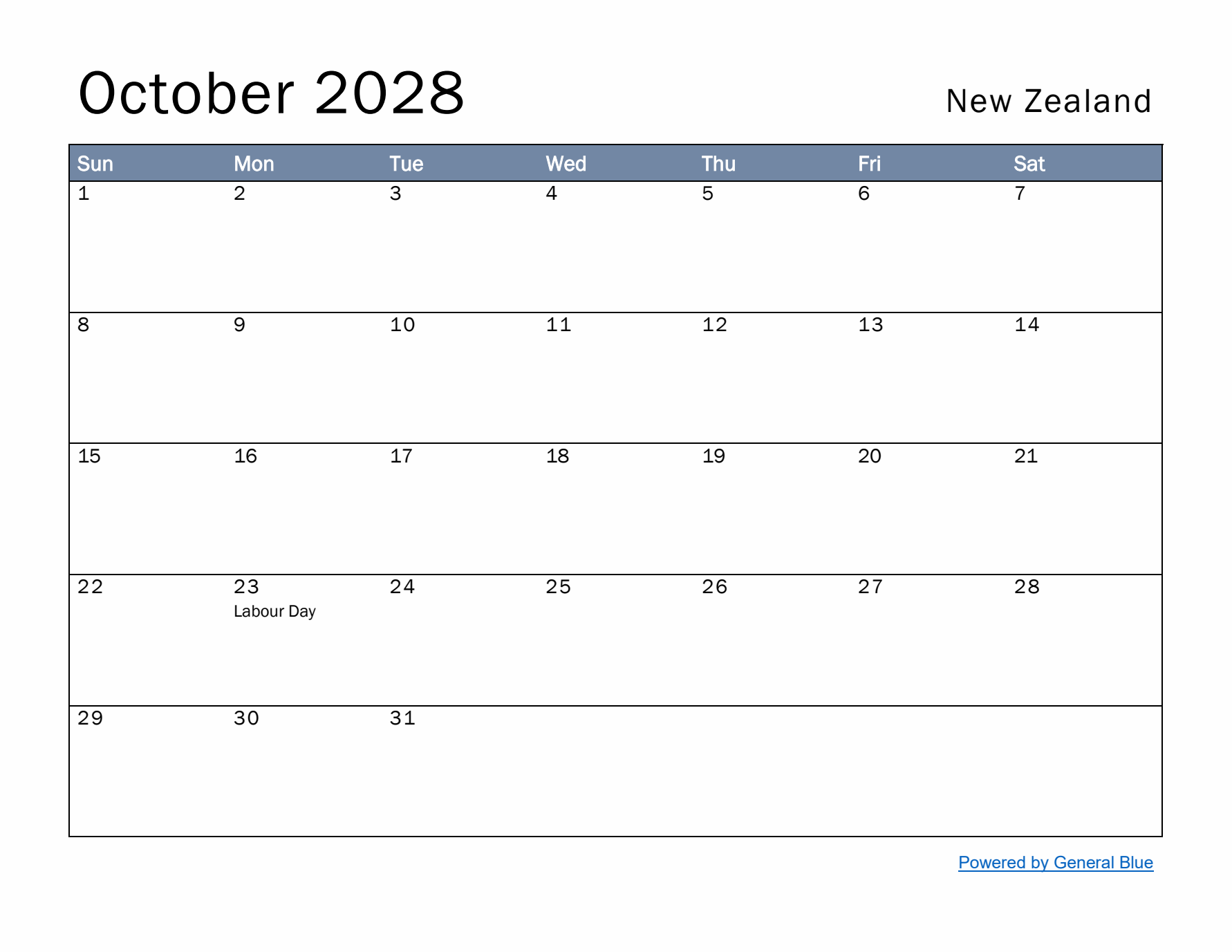 October 2028 Simple Monthly Calendar for New Zealand