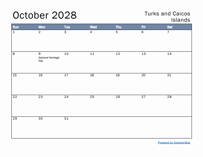 October 2028 Simple Monthly Calendar for Turks and Caicos Islands