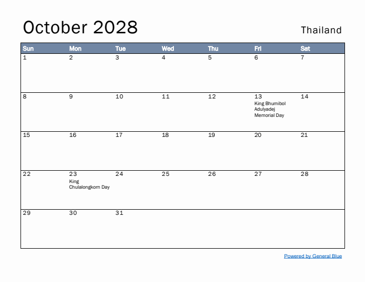 October 2028 Simple Monthly Calendar for Thailand